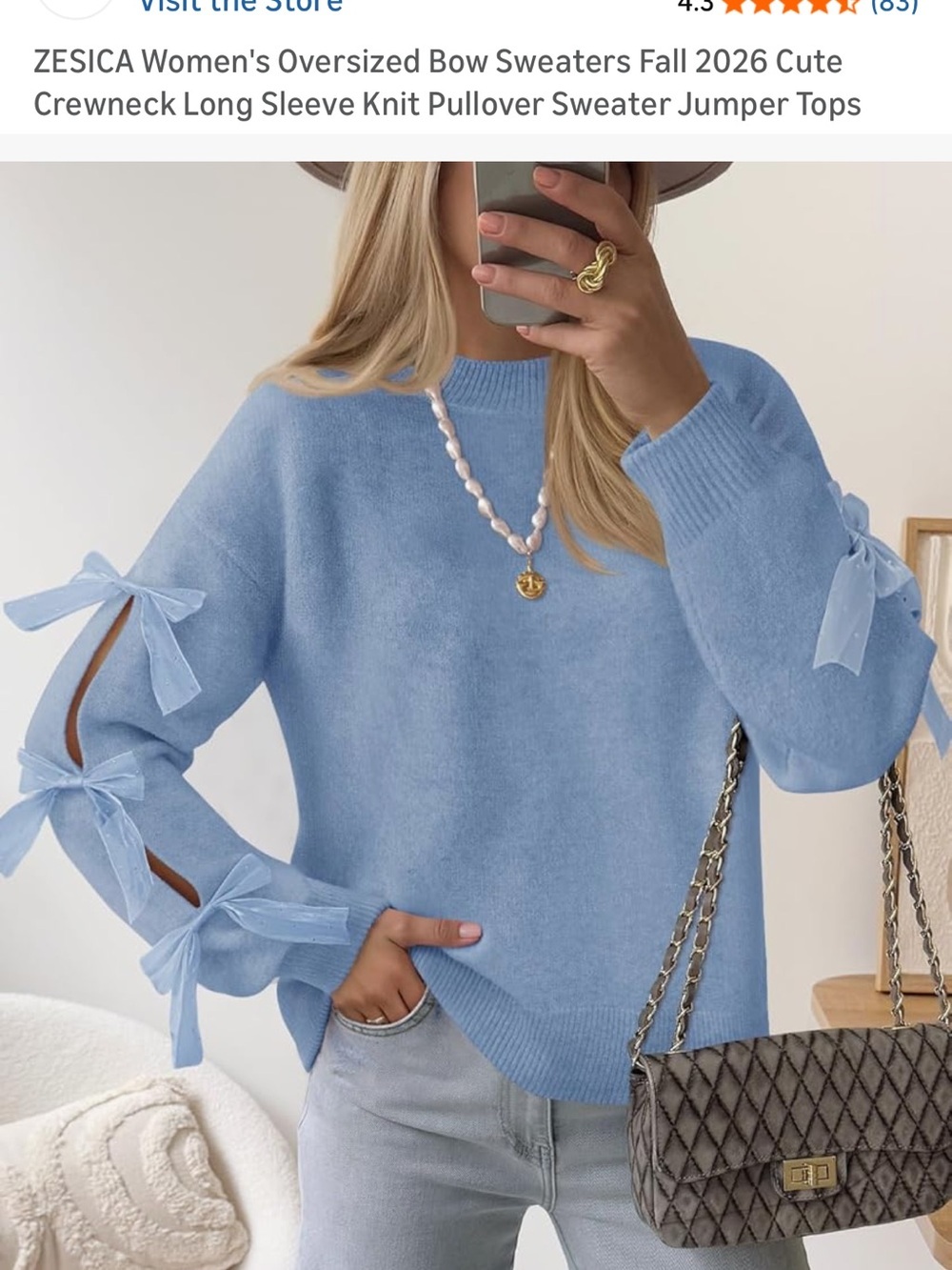 Light Blue Bow-Detail Crewneck Sweater - Women's Pullover